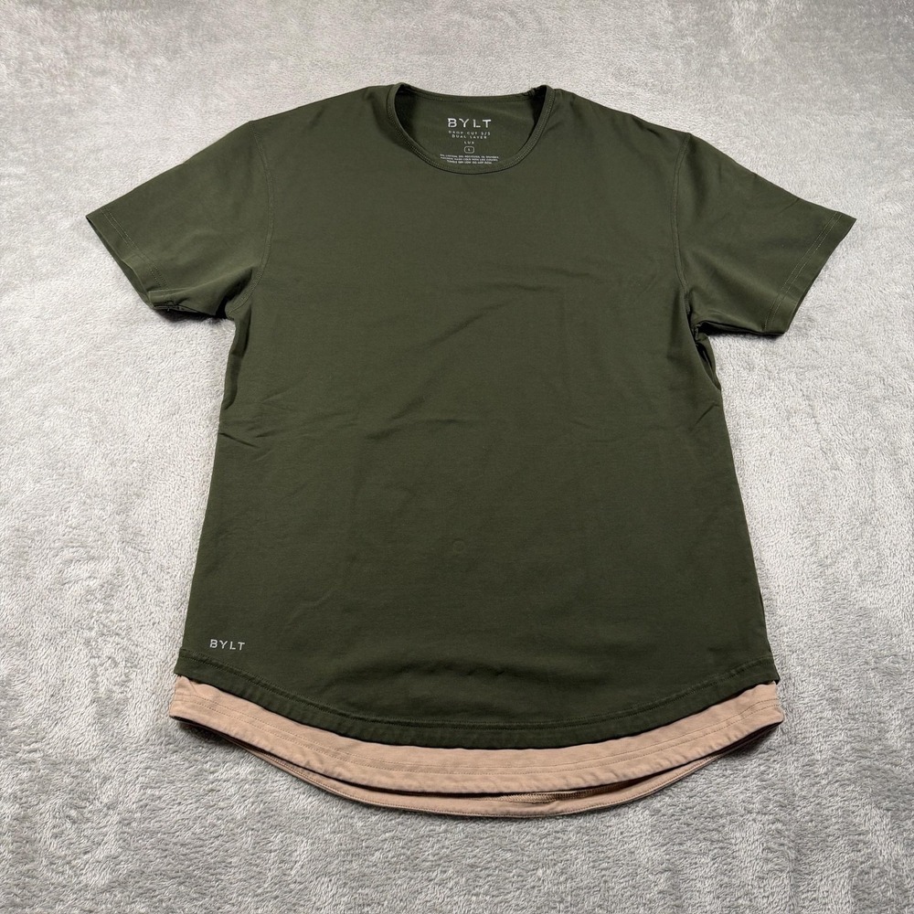 BYLT Basic‎ Shirt Mens Large Green Drop Cut Dual Layer Lux Stretch Basic Tee